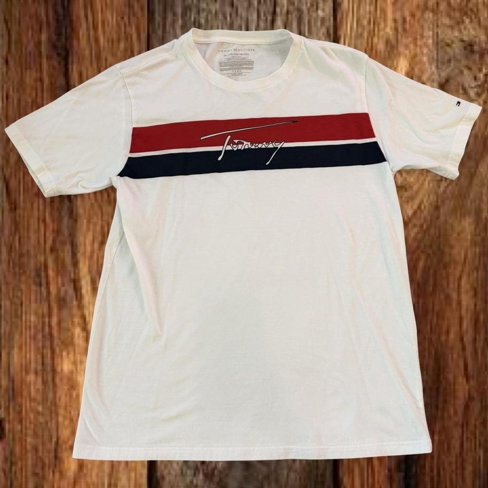 Tommy Hilfiger Boys XL 18/20 White Signature Logo Stripe T Shirt